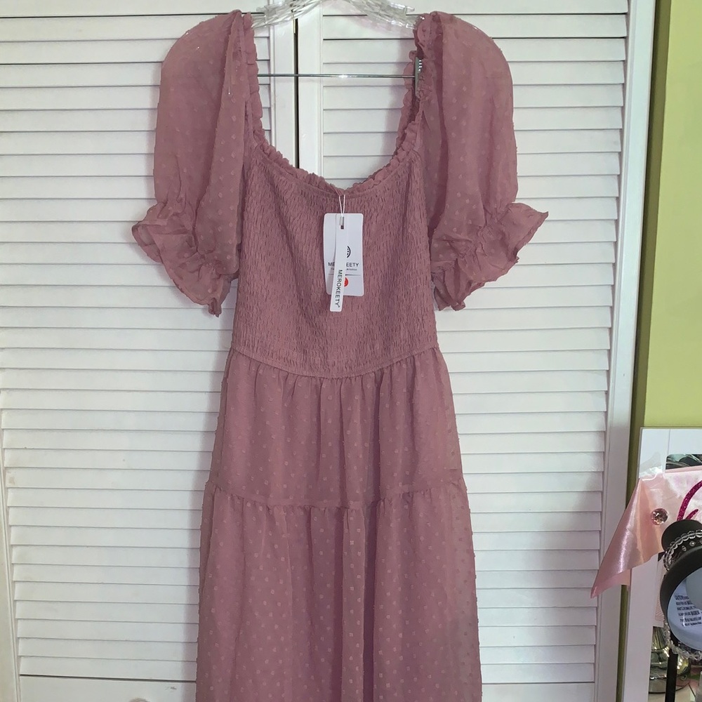 Merokeety boho, smocked flowy Midi Dress with Puff Sleeves nwt